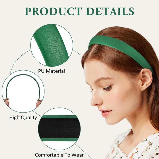 Detalle de LOPHE Haarreifen Grün – breites PU-Lederstirnband im Vintage-Look für Mädchen & Frauen