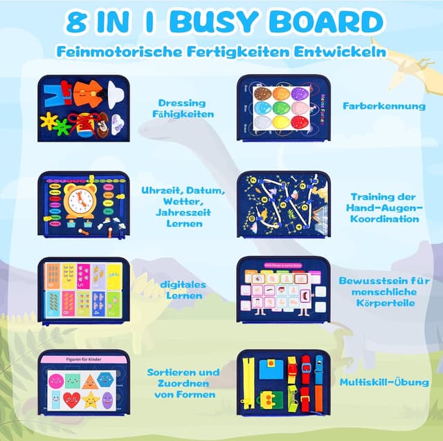Detalle de Uilfsur Montessori Busy Board (Deutsch) ab 1 Jahr – Motorik- und Aktivitätsbrett mit Dinosaurier-Thema