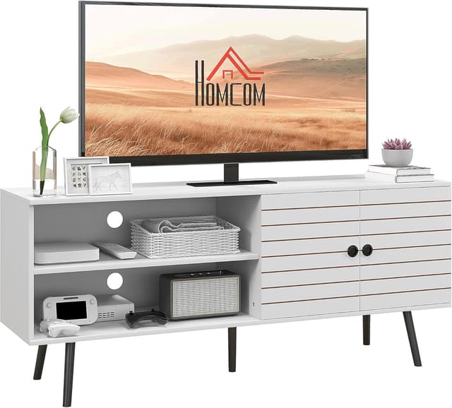 Detalle de HOMCOM Meuble TV blanc pour téléviseur jusqu’à 65 pouces, 2 compartiments ouverts et étagère réglable