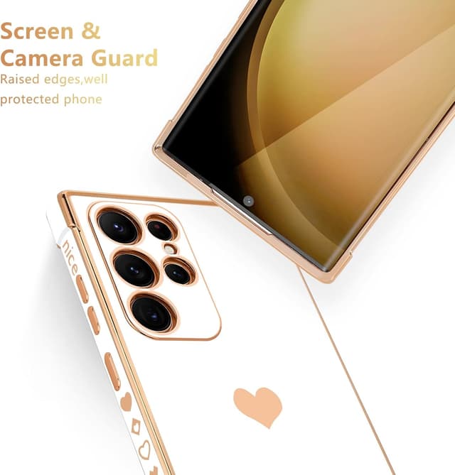 Detalle de Urarssa Samsung Galaxy S23 Ultra case with bling heart design, shockproof silicone bumper – white