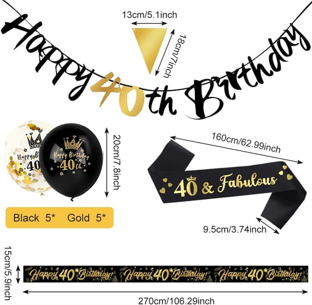 Detalle de 14-Piece 40th Happy Birthday Decorations Kit with 9ft Banner, Triangle Flags, Confetti Balloons