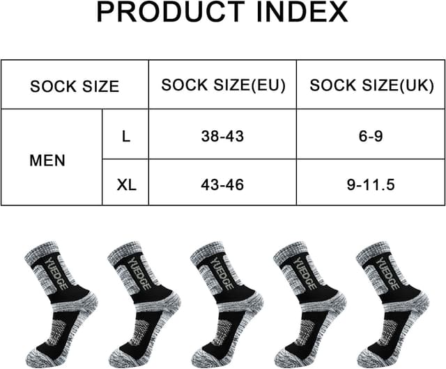 Detalle de YUEDGE Men’s 5 Pairs Athletic Socks (Breathable Cushioned Crew) for Walking, Trekking & Hiking