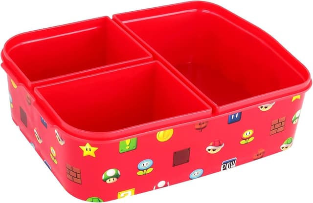 Detalle de p:os Super Mario Brotdose für Kinder mit 3 Fächern, Clip-Verschlüssen und bpa-freiem Kunststoff