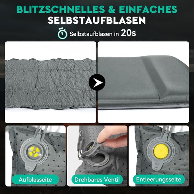 Detalle 1 de HIKENTURE Isomatte selbstaufblasend (8 cm) mit eingebettetem Kissen für Camping & Wandern