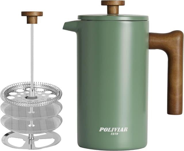 Detalle de Poliviar French Press Kaffeebereiter Flatland (Grün) JX2020-FPN-DE – 1 Liter für bis zu 8 Tassen
