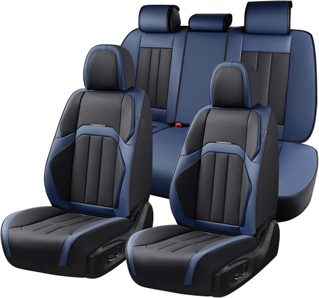 Detalle de Coverado Car Seat Cover Set (Full Seat) in Premium Nappa Leather, Universal Waterproof Non-Slip Fit for Most Cars/Black-Blue