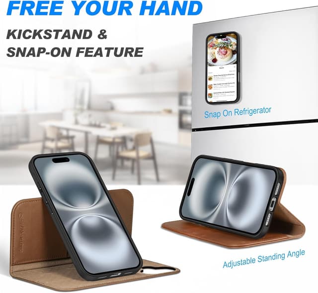 Detalle de SHIELDON Hülle für iPhone 16 Plus (6,7") – 2-in-1 Echtleder-Case mit abnehmbarer Magnet-Schale, RFID-Blocker und Kartenfach, Sattelbraun