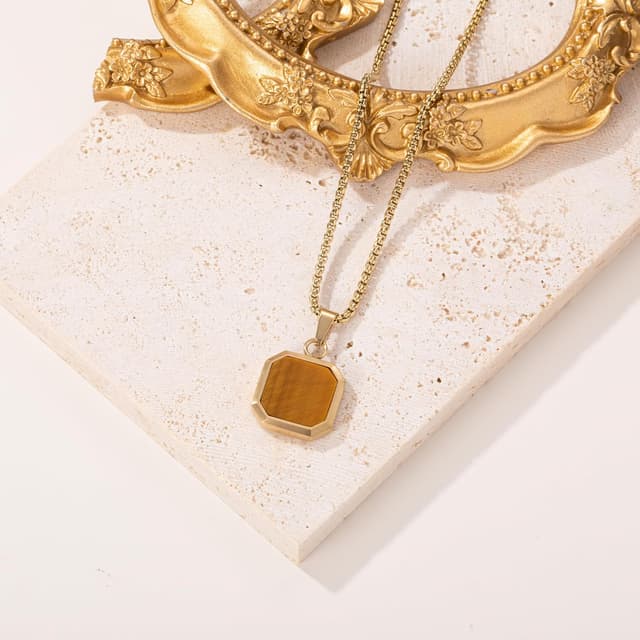 Detalle de TUNGSTORY Edelstahl vergoldete Halskette mit schwarzem Onyx – 45 + 6 cm, Unisex mit Anhängern