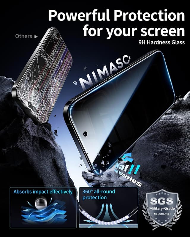 Detalle de NIMASO Privacy Screen Protector for iPhone 17 Pro Max (6.9-inch) – 9H Tempered Glass, Anti-Spy, Privacy (2 Pack)