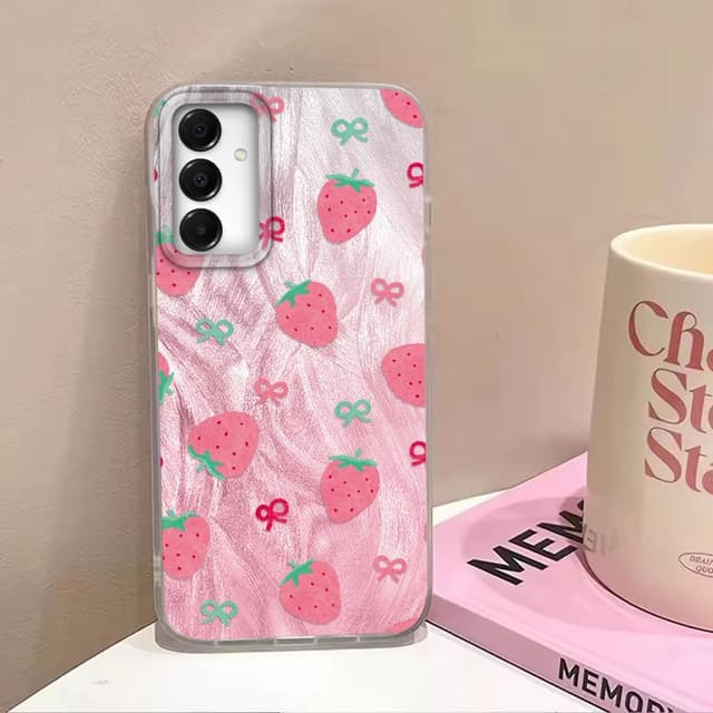 Detalle de Tedyhulle Hülle für Samsung Galaxy A15 4G/5G mit rosa Erdbeer-Schleife – dünne TPU/PC Schutzhülle