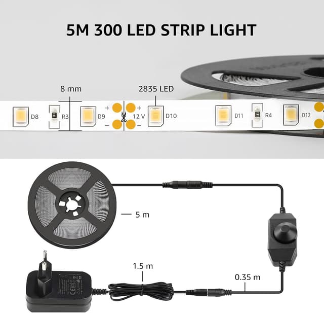 Detalle de Lepro LED Strip 5 m Warmweiß 3000K, dimmbar (12 V, 300 LEDs) – selbstklebend, IP20