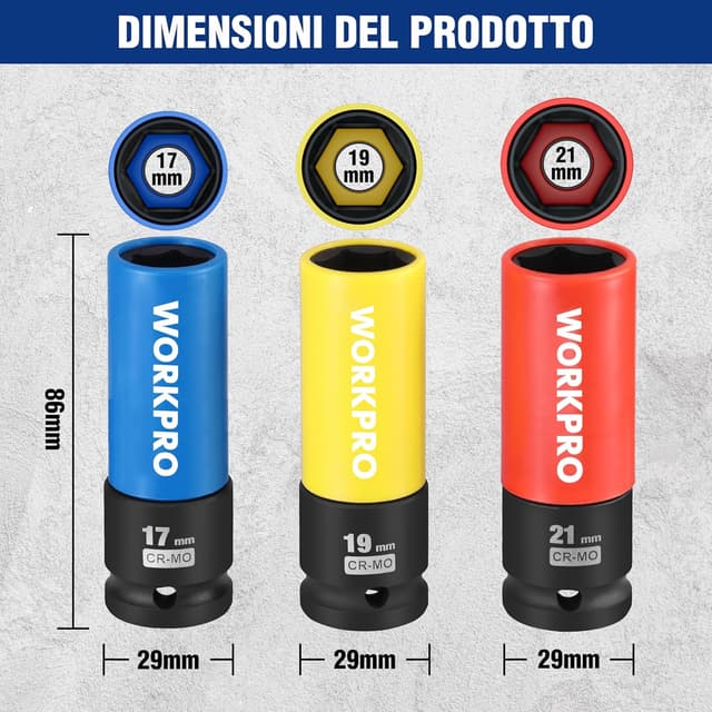 Detalle de WORKPRO Set bussole bulloni ruota 1/2" (17/19/21 mm) con protezione, 3 pezzi, parete sottile Cr-Mo