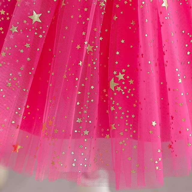Detalle de NNJXD hot pink princess tutu dress with gold star sequins and satin bodice