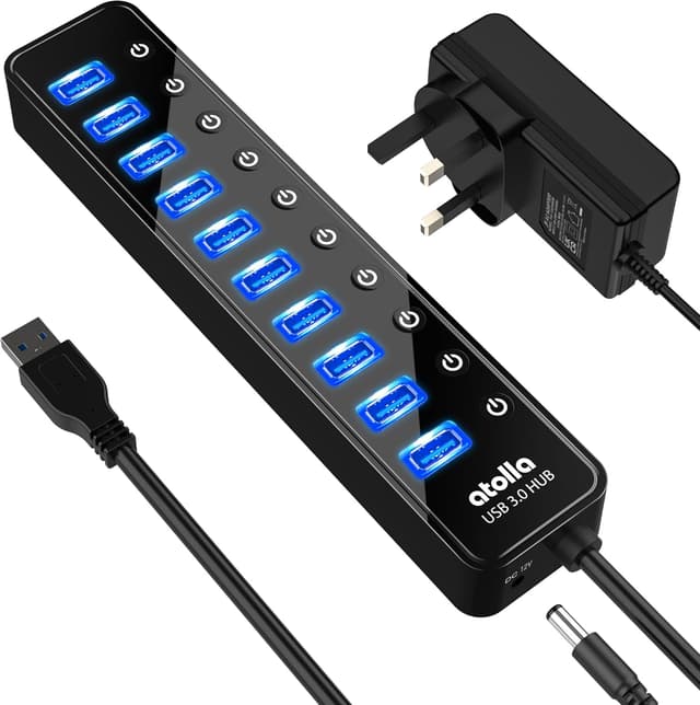 Detalle de atolla 10-Port USB 3.0 Hub with Switches 🔌