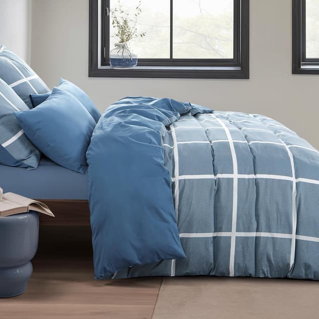 Detalle de RUIKASI Bettwäsche 135x200 cm Baumwolle, 4-teilig Denimblau mit Karo – mit Reißverschluss