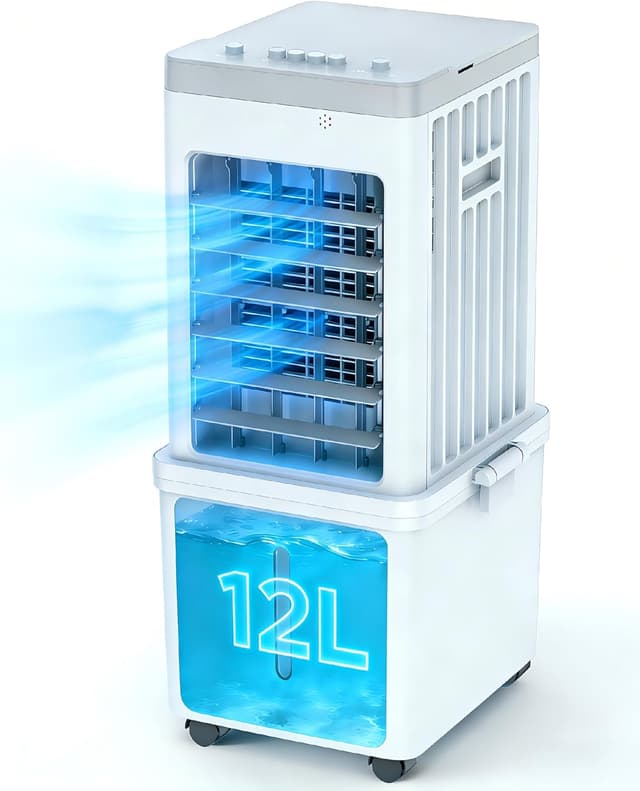 Detalle de Portable Air Conditioner 4-in-1 Evaporative Air Cooler Fan with 12L Tank, 3 Ice Packs & Quiet 46dB