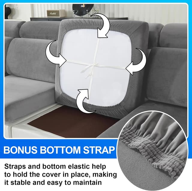 Detalle de CYCMACO Copriseduta Divano in Velluto elasticizzato per chaise longue, grigio chiaro (antiscivolo, lavabile)