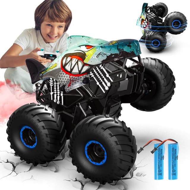 Detalle de Ferngesteuertes Auto 1/16 Monstertruck mit Stomp, Spray, Licht & Musik – Hai-Monstertruck (15 km/h, 360°-Drehung, 4WD)