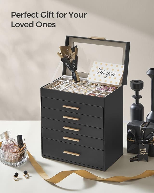 Thumbnail 6 de SONGMICS GISELLA JBC171B01 Jewellery Box with Glass Lid, 6 Layers & 5 Drawers (Ink Black & Gold)
