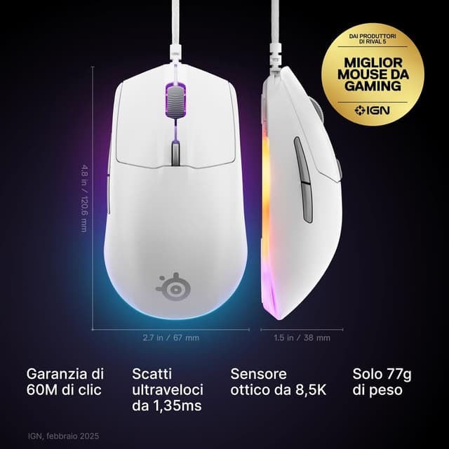 Detalle 2 de SteelSeries Rival 3 Gen 2 mouse gaming 77 g
