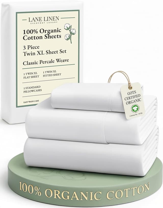 Detalle de Lane Linen 100% Organic Cotton White Twin XL Sheets Set (3-Piece) — Pure Percale, Breathable, Fits Up To 15" Deep