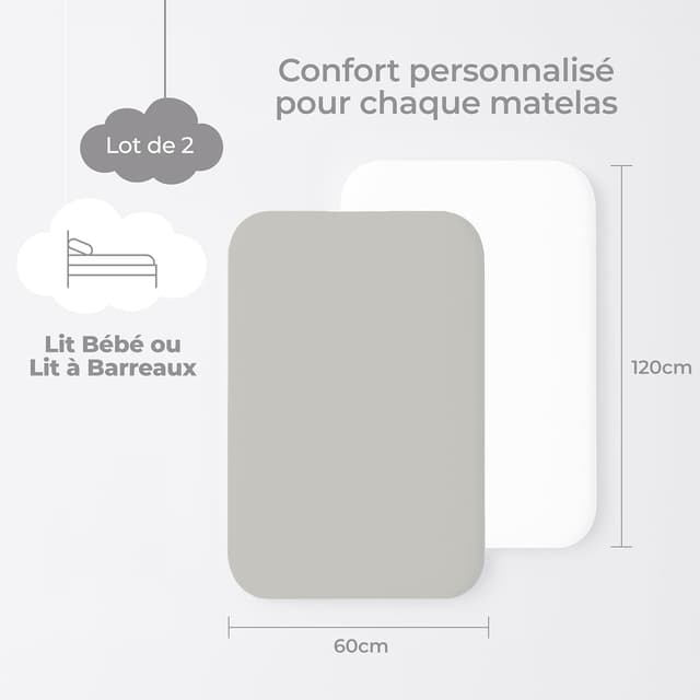 Detalle 2 de Lot de 2 draps housse bébé 60x120 Dreamzie (coton certifié Oeko-Tex) Gris/Blanc