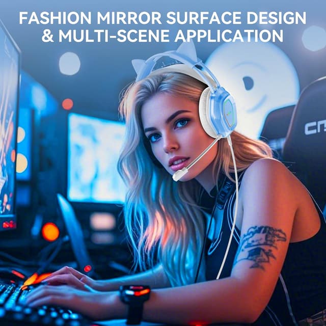 Detalle de Wantek Wantak Katzenohr Kopfhörer mit Mikrofon (kabelgebunden, 3,5 mm/USB) – Gaming-Headset für PC, PS5, Xbox – Noise Cancelling, 20–20.000 Hz, Blue