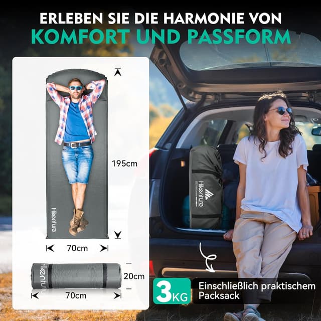 Detalle 2 de HIKENTURE Isomatte selbstaufblasend (8 cm) mit eingebettetem Kissen für Camping & Wandern