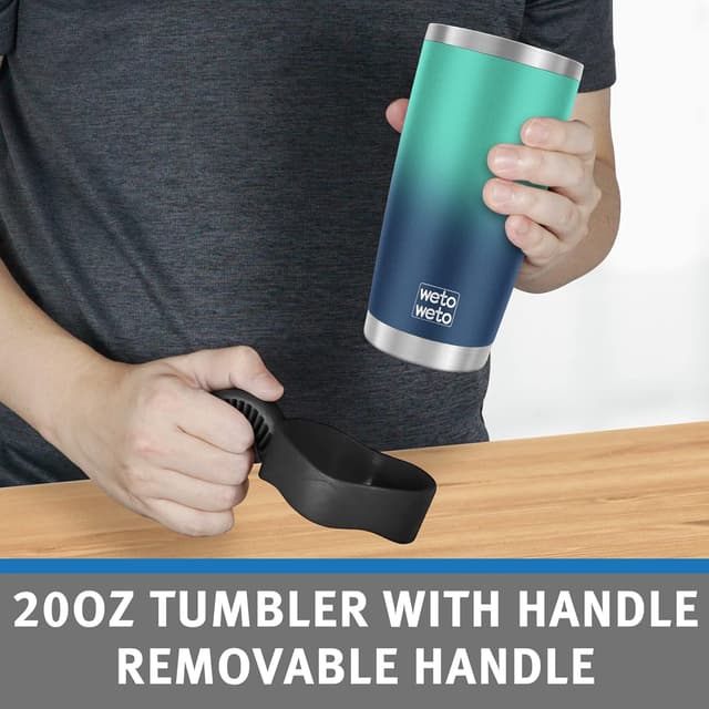 Detalle de WETOWETO 20oz Insulated Stainless Steel Tumbler with 2 Lids and 2 Straws (Vacuum Leak-Proof Travel Mug, Green-Blue Gradient)