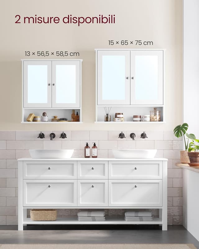 Detalle 2 de VASAGLE Armadio da bagno con specchiera e 2 ante a specchio LHC002, ripiano regolabile e montaggio a parete