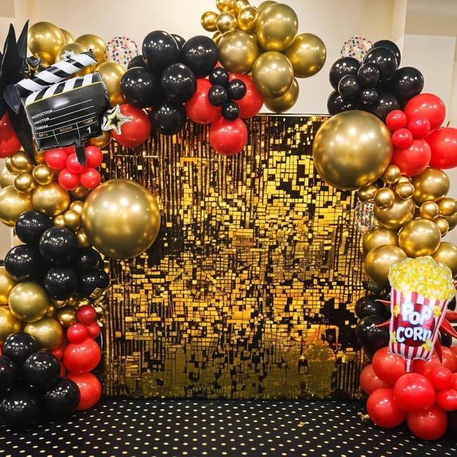 Detalle de Movie Night Party Balloons (35 pcs) Red, Black & Gold Confetti with Film Clapboard & Pop Corn Foil Balloon