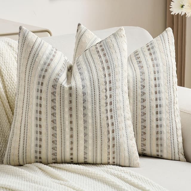 Detalle de Ystyle housse de coussin 60x60 (lot de 2) en chenille à rayures champêtres gris/blanc