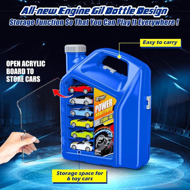 Detalle de Race Track Toy Car Set with 2 Race Cars and 2-in-1 Transformable Tracks (Blue) with Storage Box