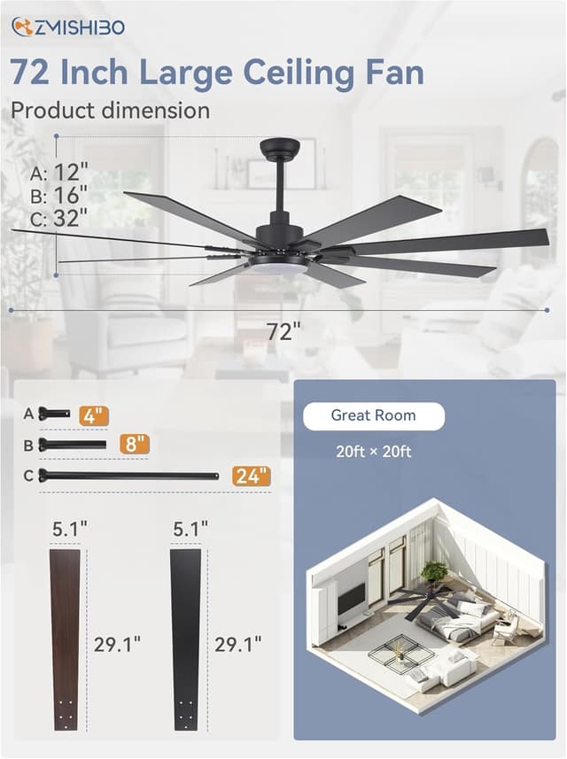 Thumbnail 2 de ZMISHIBO 72-inch Ceiling Fan with Lights