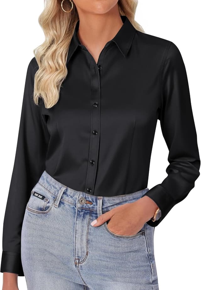 Detalle de siliteelon Damen Bluse bügelfrei Regular fit mit Stretch – einfarbiges Business- und Freizeit-Oberhemd