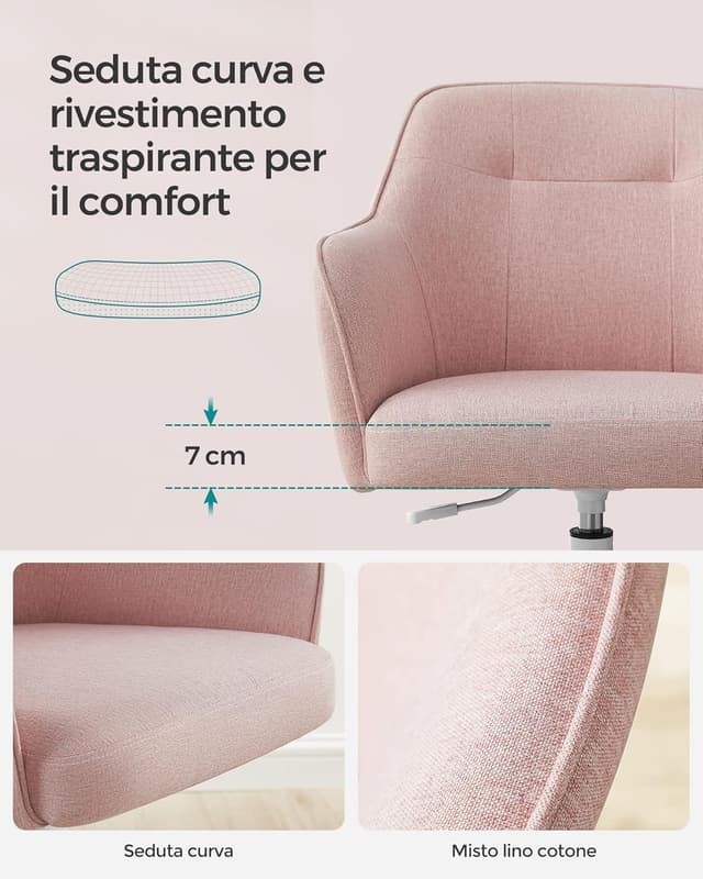 Detalle de Sedia da studio girevole SONGMICS con altezza regolabile, portata 110 kg e tessuto cotone-lino rosa OBG019P01