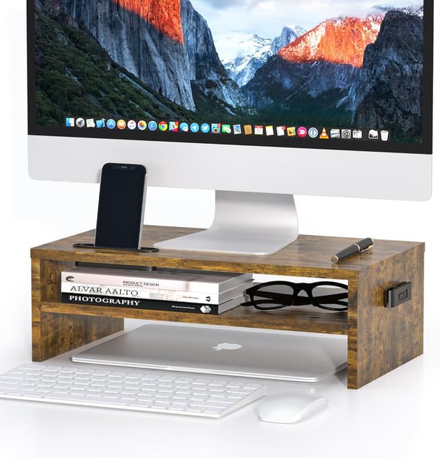 Detalle de BONTEC Wood Monitor Stand Riser with Smartphone Holder (2 tiers) – Rustic Brown