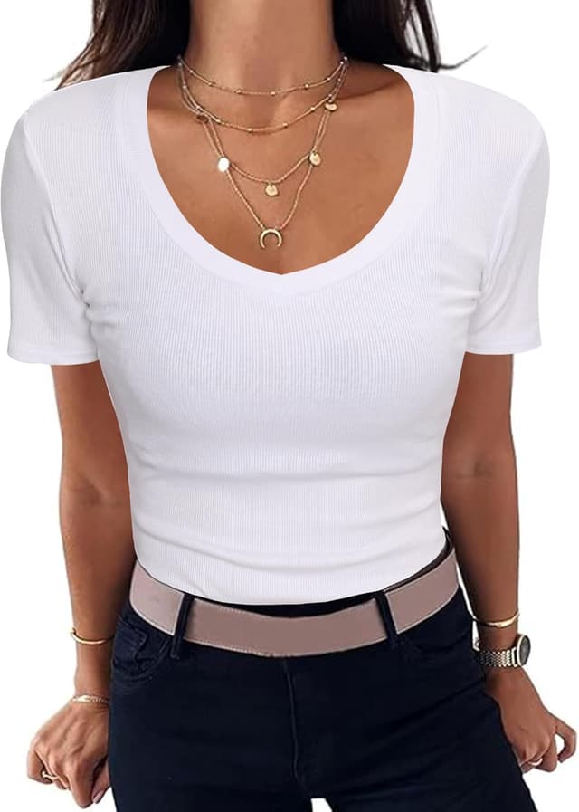 Detalle de Aottori Damen T‑Shirt mit V‑Ausschnitt, kurzarm, geripptes Slim‑Fit Basic (Baumwolle/Elasthan)