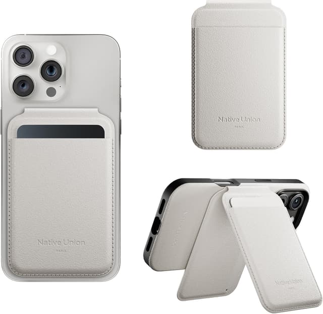 Detalle de Native Union Active Wallet Stand MagSafe card holder with 4-card storage and fold-out stand (Sandstone)
