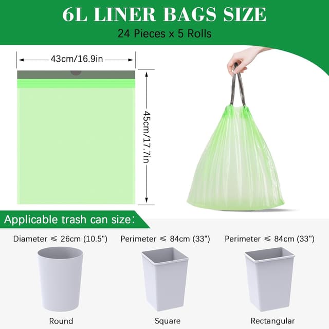 Detalle 2 de JelKen 120 Biodegradable Bin Liner Bags (6L) with Drawstring Tie Handles, Food Waste Bags, 43 x 45cm