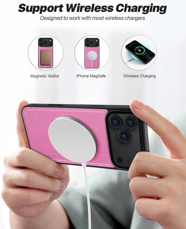 Detalle 2 de OCASE Handyhülle für iPhone 17 Pro – abnehmbare 2-in-1 Magnet-Klapphülle mit Kartenfach, RFID und Standfunktion (Rosa)