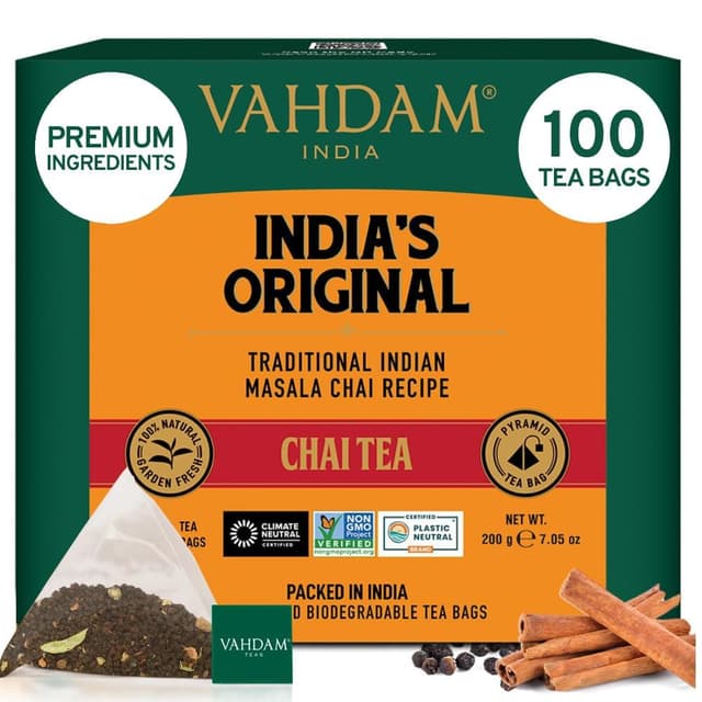 Detalle de VAHDAM Indischer Original Masala Chai Teebeutel – 100 Pyramidenbeutel mit schwarzem Tee & Gewürzen