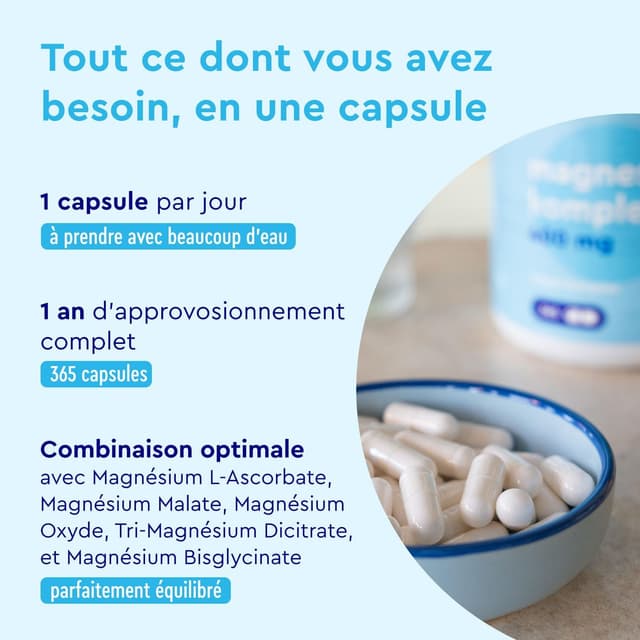 Detalle de Complexe de magnésium 200 mg – 365 gélules Premium 5-en-1 (bisglycinate, citrate, oxyde, malate & ascorbate)