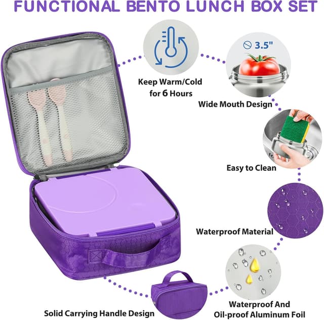 Detalle de Kids Bento Lunch Box Set with 8oz Soup Thermo (Leak-Proof) + 4-Compartment Containers, Insulated Lunch Bag - Purple
