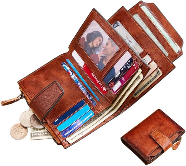 Detalle 1 de EMEBAY Portafoglio da uomo in vera pelle con RFID, portamonete e tasca con cerniera (bronzo), 13 cm