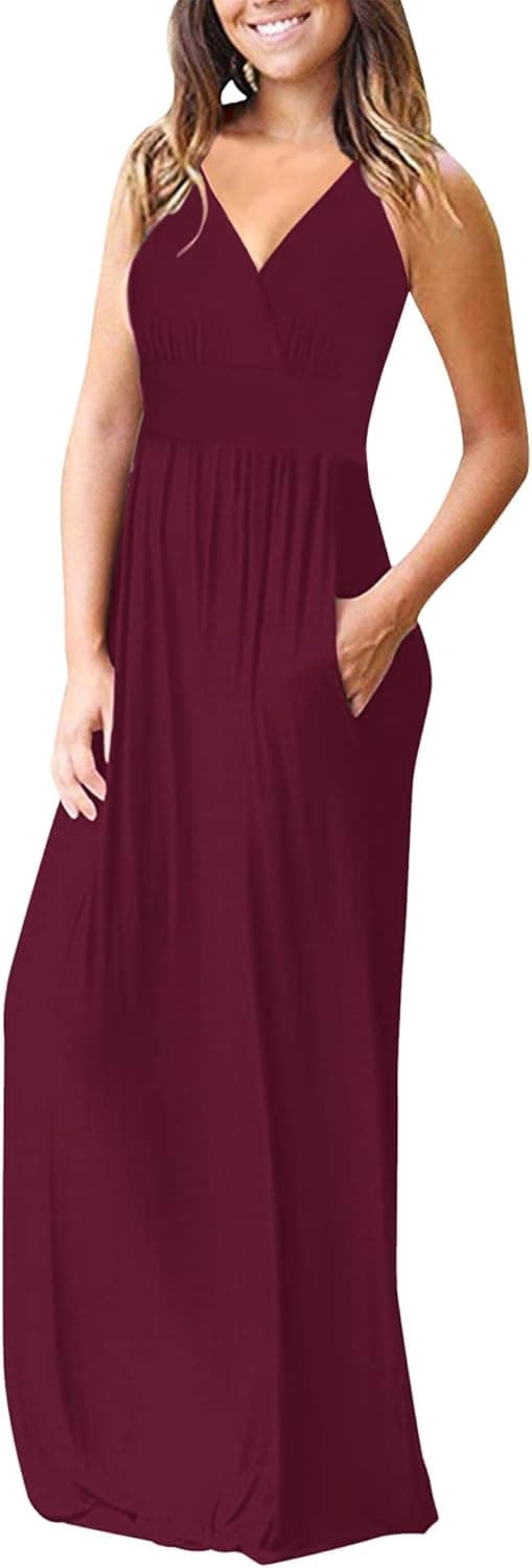 Detalle de AUSELILY Sommerkleid Damen Lang ärmellos Wickelkleid mit V-Ausschnitt und Taschen