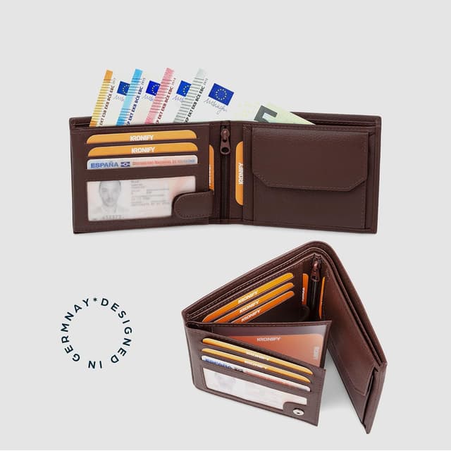 Detalle de KRONIFY Portafoglio da uomo in vera pelle marrone scuro naturale con protezione RFID, formato orizzontale e 13 scomparti carte