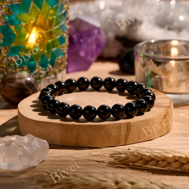 Detalle de Bivei braccialetto da signora in perline 8 mm con cristallo naturale (tormalina nera) elastico