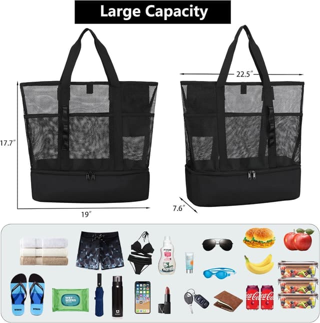 Detalle 2 de UYLIA Large Tote Mesh Beach Bag with Cooler – 8-pocket sandproof waterproof foldable tote