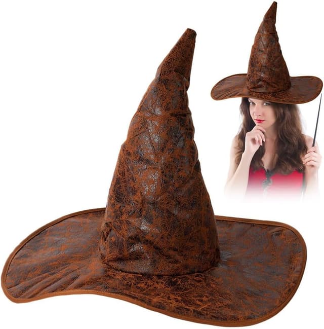 Detalle de Aomig Hexenhut – brauner Zaubererhut als Kostümzubehör für Halloween, Cosplay & Party